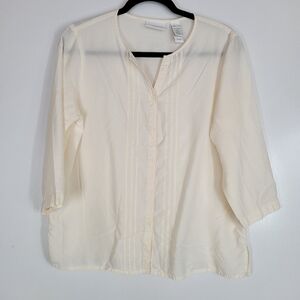 Liz Claiborne Vintage Ivory Button Down Blouse 90s Lightweight Quayer Sleeve Lrg